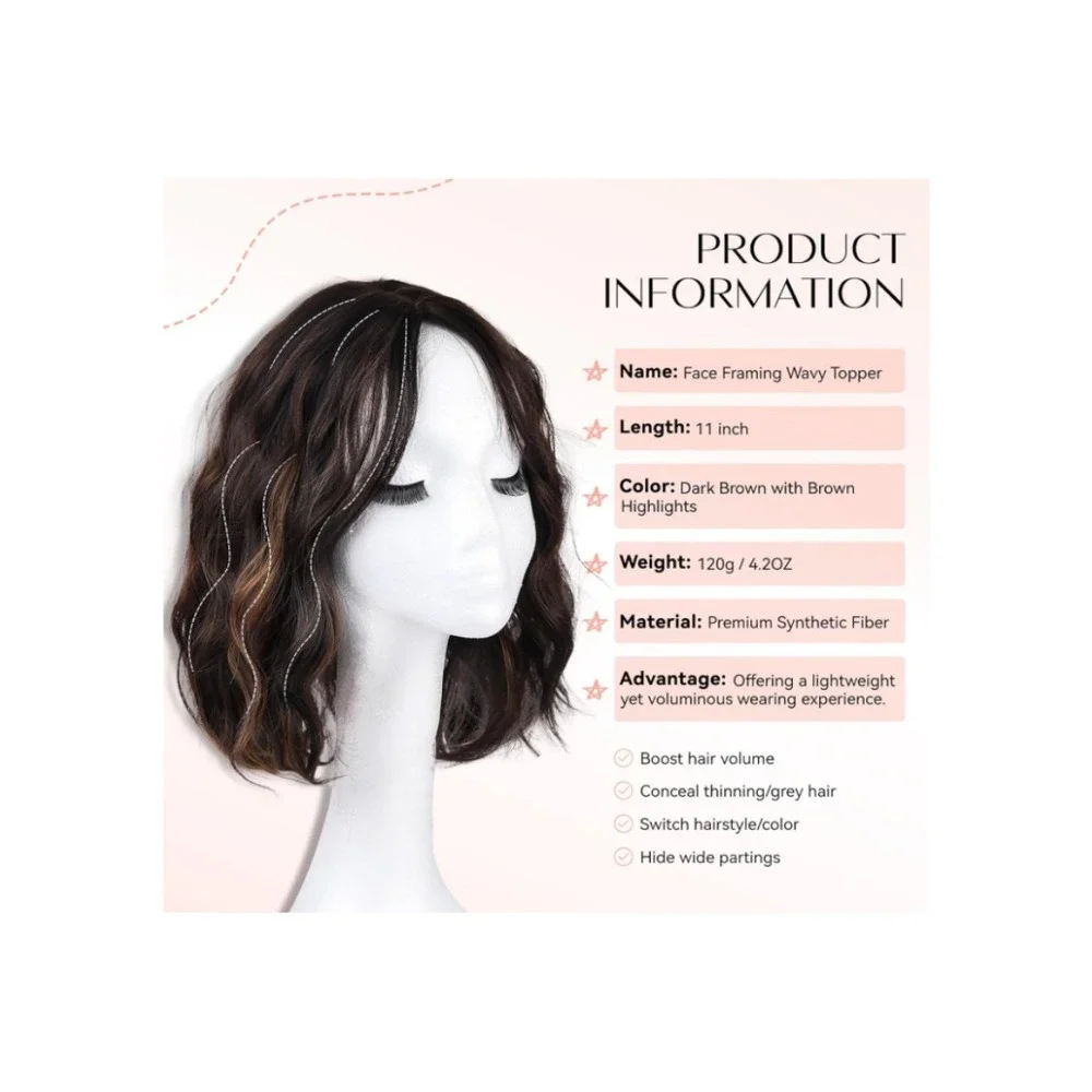 Short Wavy Hair‎ Topper 11in Dark Brown Highlights Synthetic Hairpiece Natural